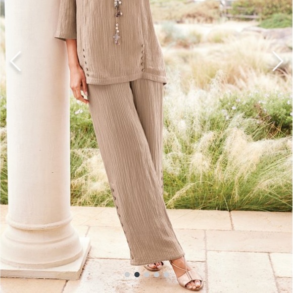 NWOT Soft Surroundings Petites Oceo Gauze Wide-Leg Pants Pebble Taupe PL - Picture 2 of 7